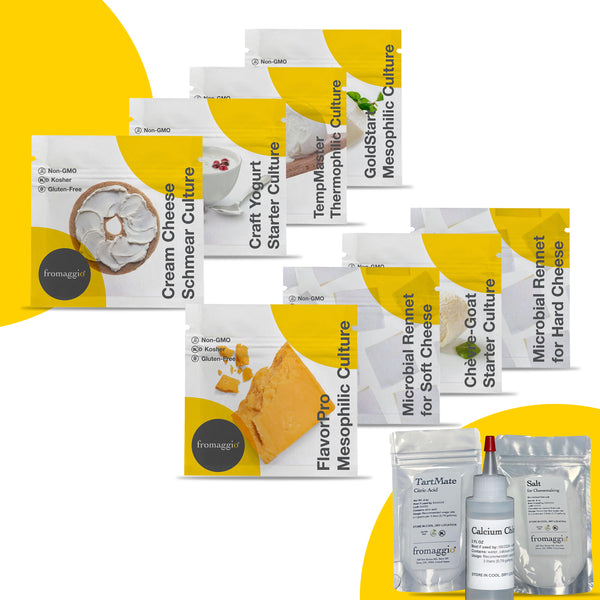 Kit complet d’ingrédients pour fabrication de fromage : 6 sachets de cultures + 2 sachets de présure (5 sachets chacun) avec acide citrique, chlorure de calcium et sel – kit DIY pour faire du fromage à la maison
