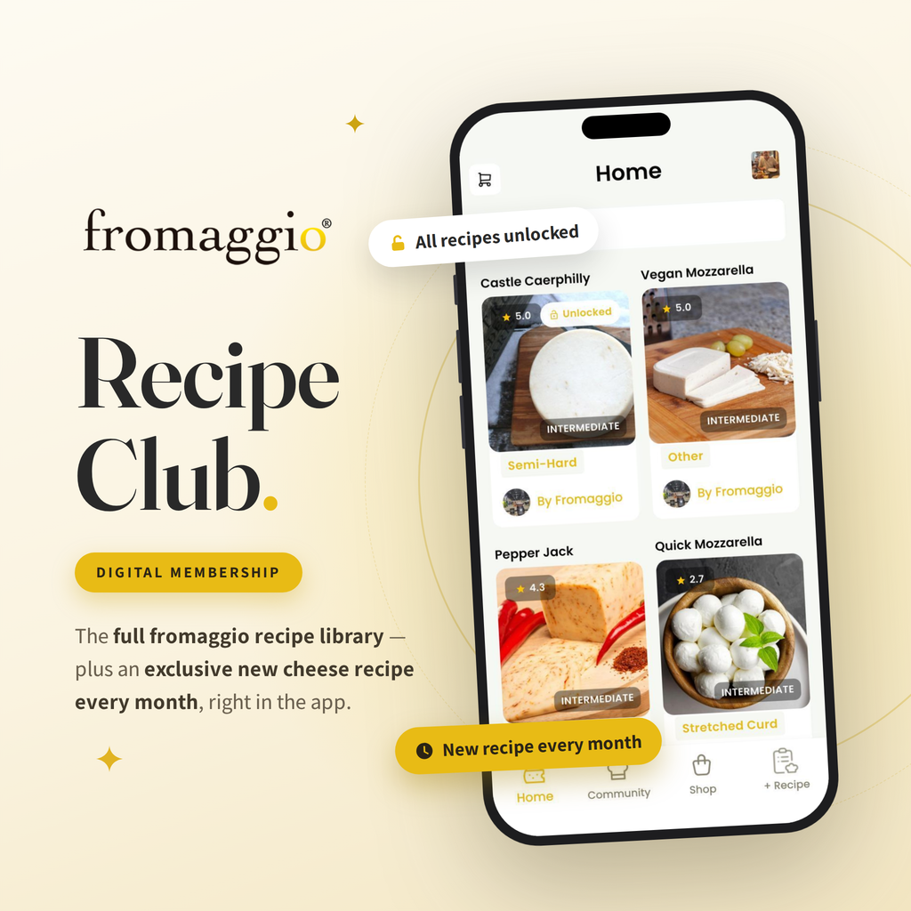 Fromaggio Recipe Club digital membership — app screen with all cheese recipes unlocked, full recipe library plus an exclusive new recipe every month