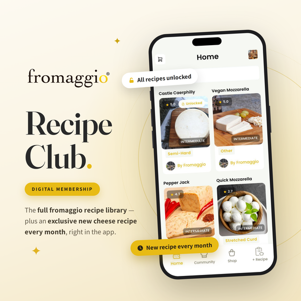 Fromaggio Recipe Club digital membership — app screen with all cheese recipes unlocked, full recipe library plus an exclusive new recipe every month